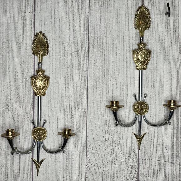 Pair of VTG Reproduction Neoclassical Empire Brass/Chrome 2 Arm Candle Holders - Picture 2 of 16